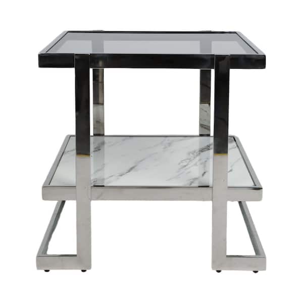 24 in. Silver Square Marble Geometric Accent Table