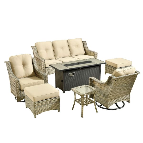 Eureka Gray 7-Piece Wicker Patio Conversation Sofa Swivel Chairs Set with Metal Fire Pit and Beige Cushions