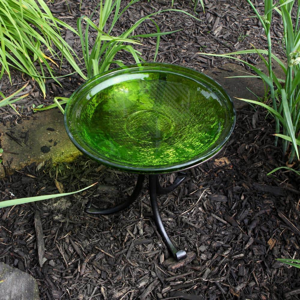 Fern Green Crackle Glass Birdbath with Wrought Iron Stand