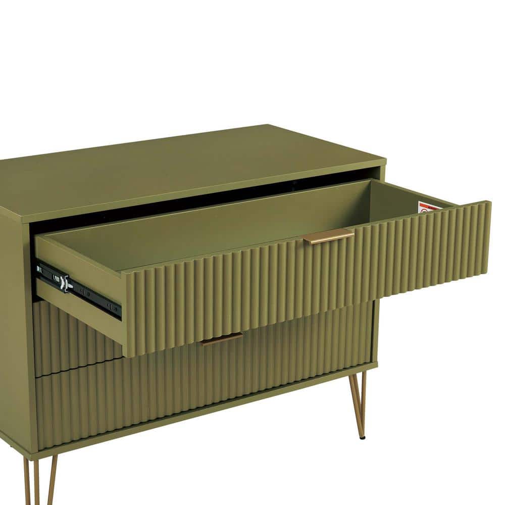 Olive Green 3-Drawer Chest with Gold Hairpin Legs