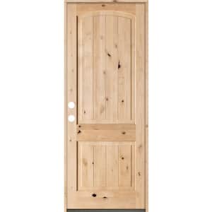 30 in. x 96 in. Rustic Knotty Alder Top Rail Arch V-Grooved Right-Hand Inswing Unfinished Wood Prehung Front Door