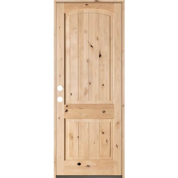 30 in. x 96 in. Rustic Knotty Alder Top Rail Arch V-Grooved Right-Hand Inswing Unfinished Wood Prehung Front Door