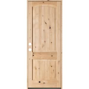 32 in. x 96 in. Rustic Knotty Alder Top Rail Arch V-Grooved Right-Hand Inswing Unfinished Wood Prehung Front Door