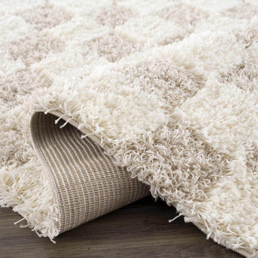 Hauteloom Etiler Checkered Shag Area Rug - Checkboard Design - High Pile Fluffy Shaggy Touch - Square Tiles - Kids Room, Nursery, Living Room Shaggy Carpet - Beige, Cream, White - 7'10" x 10'3"