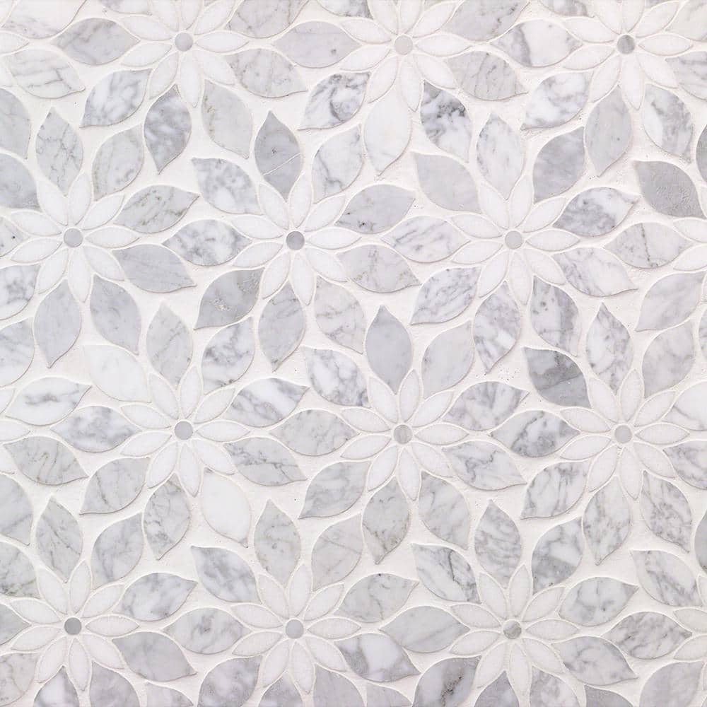 Thistle White Polished Marble Waterjet Mosaic Tile Sheet
