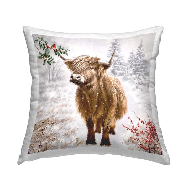 Stupell Industries Cattle Stepping in Snow Brown Print Polyester 18 in. x 18 in. Throw Pillow
