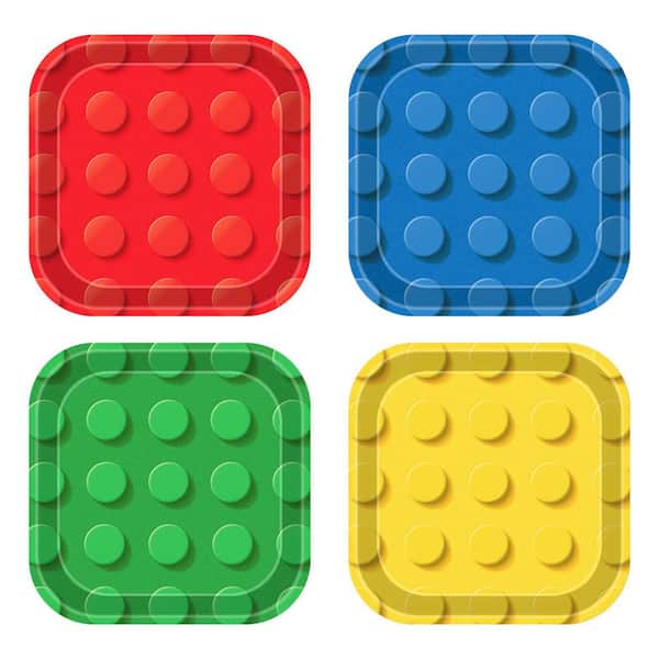 48 Piece Set of Colorful 7 in. Paper Plates Featuring Building Block Design for Kids Birthday Parties