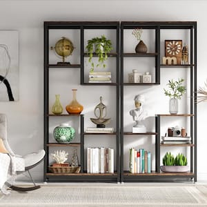 Eulas 31.4 in. Wide Wood Finish 6 Shelf Etagere Bookshelf, 70.9 inch Tall Bookcase with Open Black