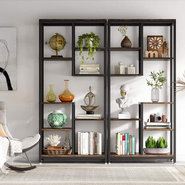 BYBLIGHT Eulas 31.4 in. Wide Wood Finish 6 Shelf Etagere Bookshelf, 70.9 inch Tall Bookcase with Open Black