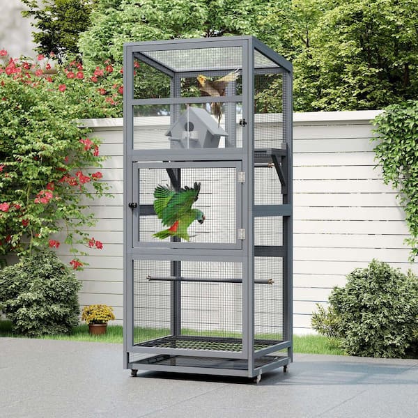 68 in. H Aviary Large Outdoor Wooden Bird Cage House, Gray