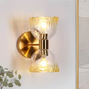 Modern 2-Light Brass Wall Sconce with Elegant Textured Floral-Shape Glass Shade