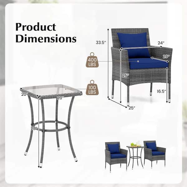 3-Piece Wicker Patio Furniture Set with Tempered Glass Coffee Table Navy Cushions