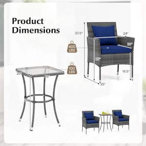 3-Piece Wicker Patio Furniture Set with Tempered Glass Coffee Table Navy Cushions