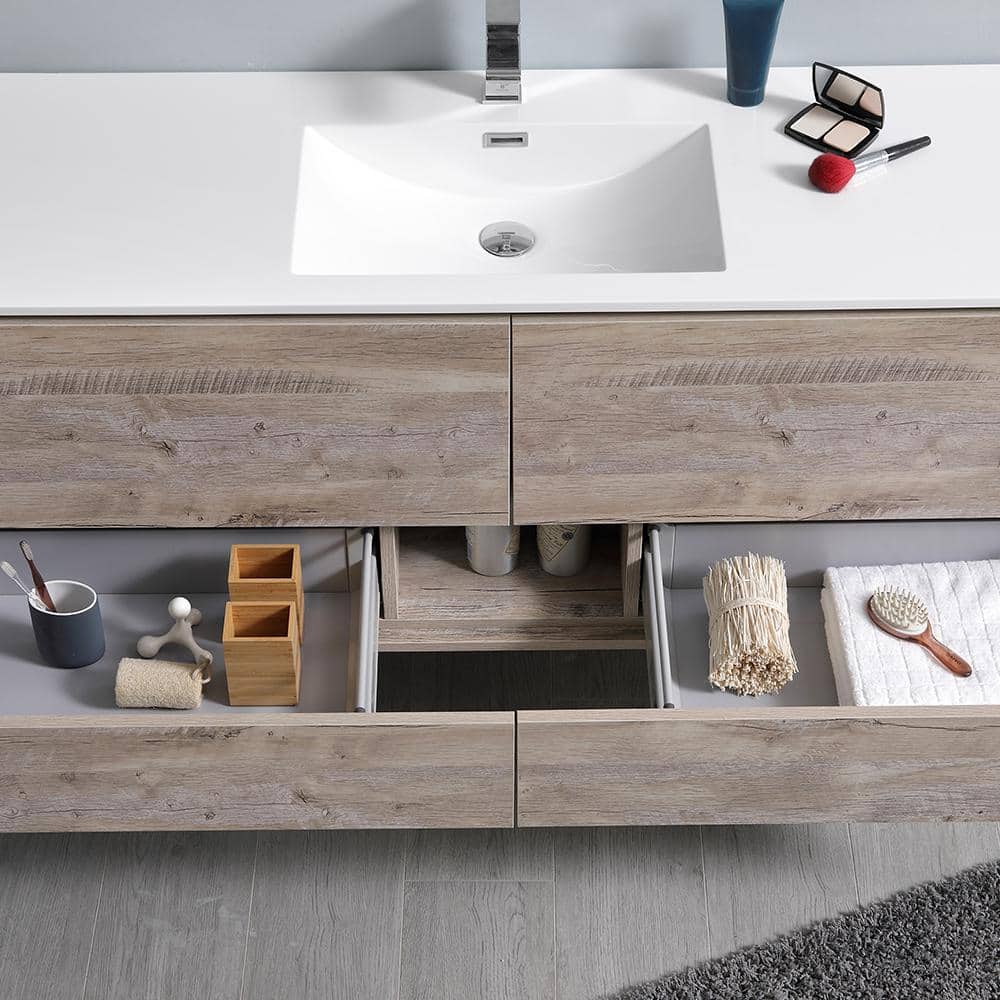 Transitional Wall-Mounted 59'' Solid Wood Off-White Vanity with Acrylic Top