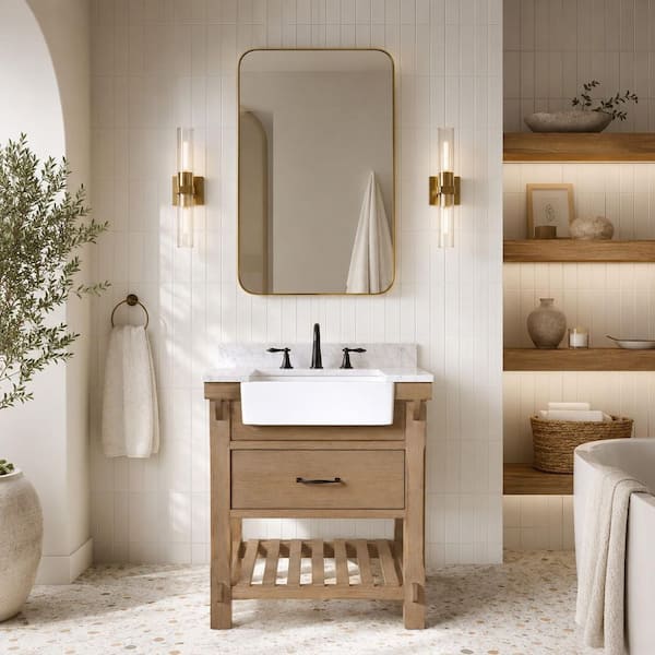 Marina 30 in. W x 20.5 in. D Bath Vanity in Weathered Fir with Marble Vanity Top in Carrara White, White Farmhouse Basin
