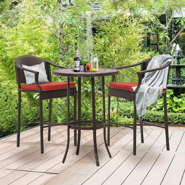 Zeus & Ruta 3-Piece Black Iron PE Wicker Patio Outdoor Serving Bar Set with Red Cushions for Poolside, Porch, Deck, Backyard