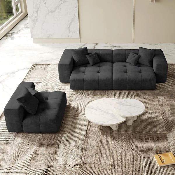 144 in. Oversized Square Arm Linen Rectangle Modular Sectional Sofa 3-Seater in Black