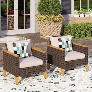 Dark Brown Rattan Wicker Outdoor Patio Lounge Chairs with Beige Cushions (2-Pack)