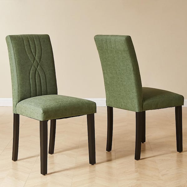 VECELO Upholstered Dining Chairs Set of 2 Green Modern PU Leather and Solid Wood Legs and High Back Dining Room Chairs