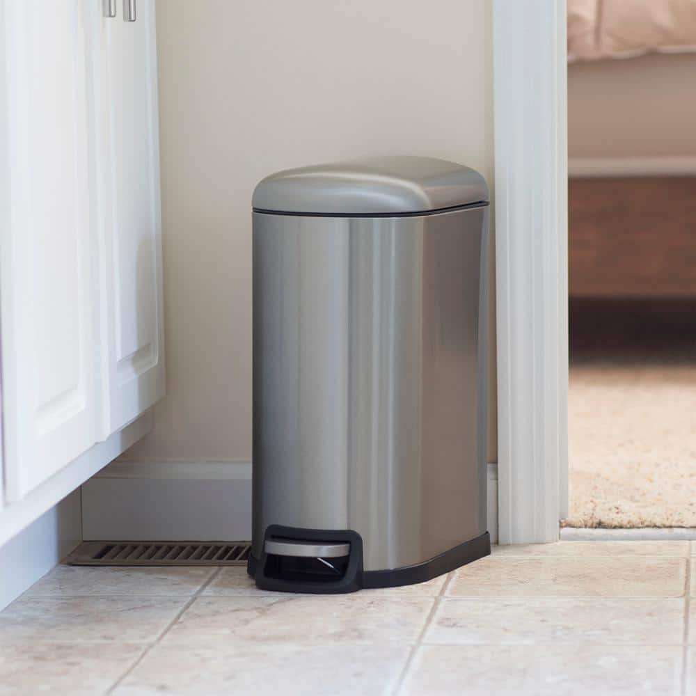 Slim Silver Stainless Steel Pedal Trash Can with Soft Close Lid