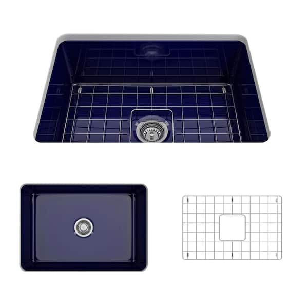 BOCCHI Sotto Undermount Fireclay 27 in. Single Bowl Kitchen Sink with Bottom Grid and Strainer in Sapphire Blue