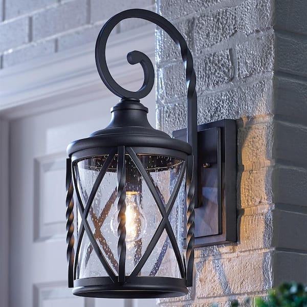 Walcott Manor 18.75 in. 1-Light Black Industrial Hardwired Outdoor Wall Light Lantern Sconce with Clear Seeded Glass