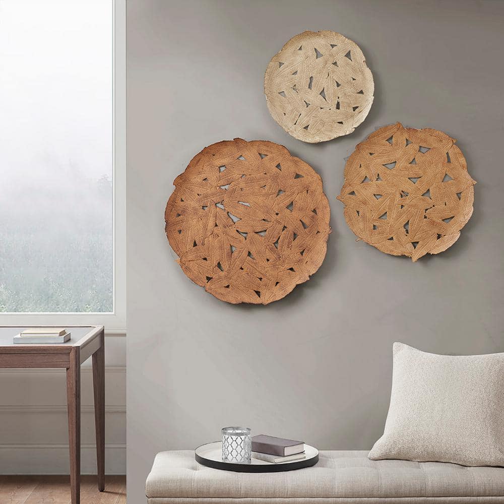 Contemporary Metal Spice Textured Feather 3-Piece Metal Disc Wall Decor Set