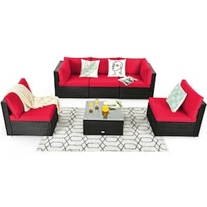 6-Piece Wicker Patio Conversation Set with Red Cushions