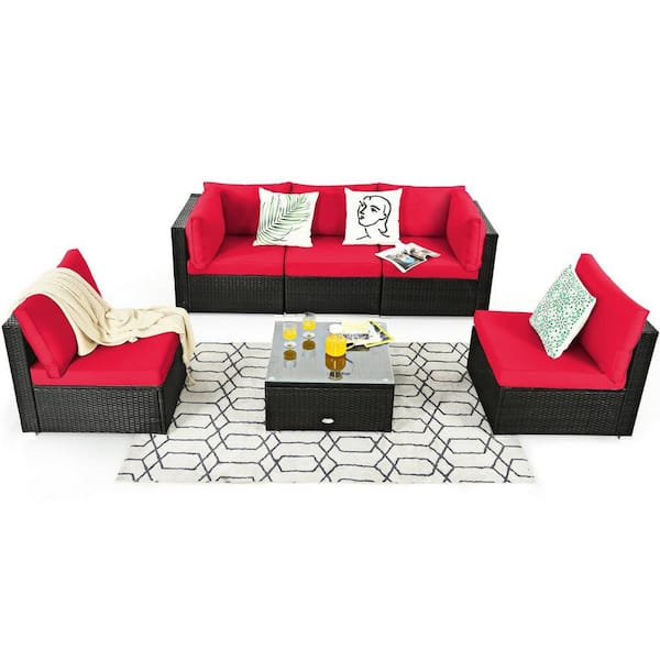 FORCLOVER 6-Piece Wicker Patio Conversation Set with Red Cushions
