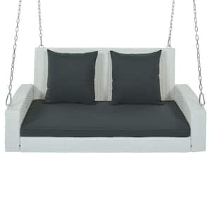 2-Person Wicker Hanging Porch Swing with Chains, Cushion, Pillow, Rattan Swing Bench for Garden, Pond.Gray Cushion