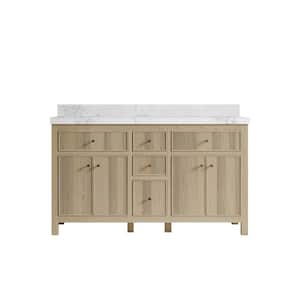 Sonoma Oak 60 in. W x 22 in. D x 36 in. H Double Sink Bath Vanity in White Oak with 2" Calacatta Nuvo Top