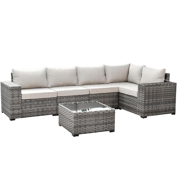 Beatrice 6-Piece Wicker Outdoor Sectional Set with Beige Cushions