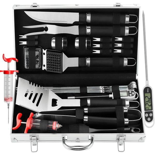 24-Piece BBQ Grill Tools Set with Meat Thermometer & Injector, Extra Thick Stainless Steel Fork, Spatula & Tongs, Black
