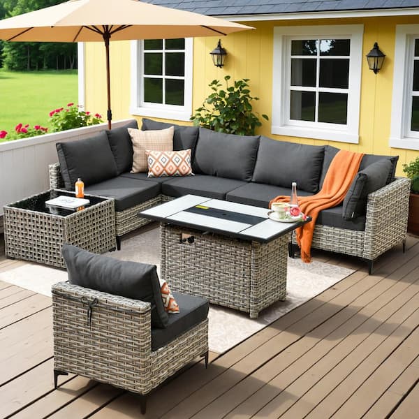 HOOOWOOO Holston 8-Piece Wicker Modern Outdoor Patio Rectangular Fire Pit Conversation Sofa Sectional Set with Black Cushions