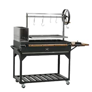 Santa Maria Argentine BBQ Charcoal Grill in Black with Acacia Wood Side Table, Stainless Steel Grate Frame & Cover
