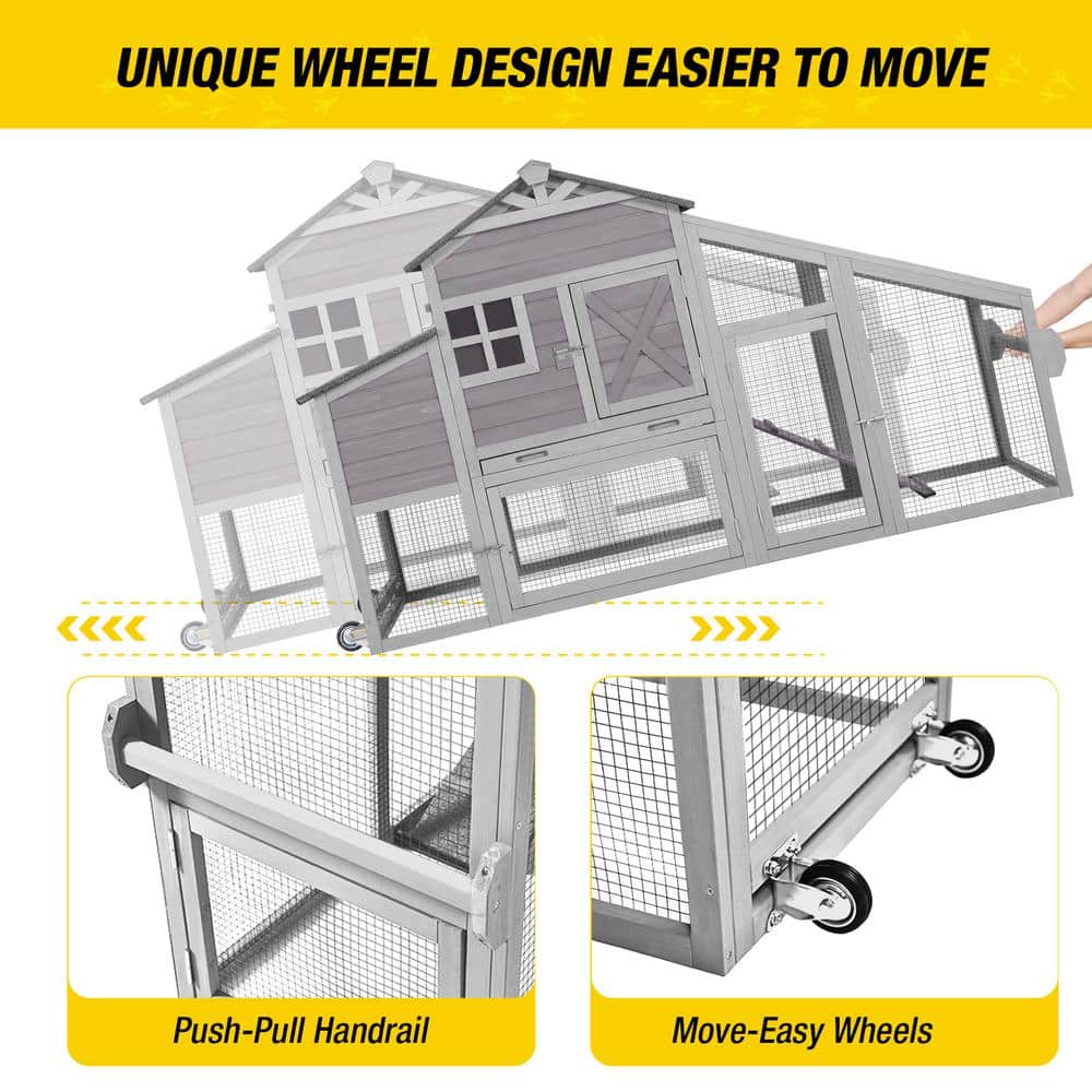 Gray Wooden Mobile Chicken Coop with Nesting Box and Wheels