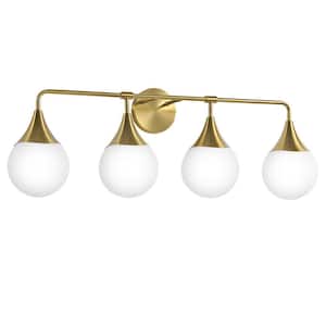 33 in. 4 Light Brushed Gold Vanity Light with Milk White Globe Glass Shade Modern Bathroom Lighting Fixtures