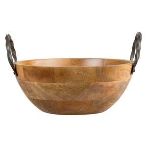 14 in. x 11 in. 5-4/5 in. Mango Wood Serving Bowl with Cava Metal Handles