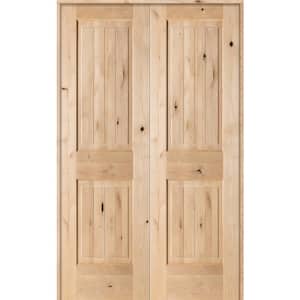 48 in. x 80 in. Rustic Knotty Alder 2-Panel Sq-Top w.VG Both Active Solid Core Wood Double Prehung Interior French Door