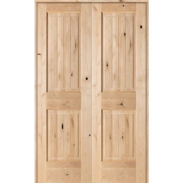 48 in. x 80 in. Knotty Alder 2-Panel V-Groove Solid Wood Both-Active Unfinished Wood Double Prehung Interior Door