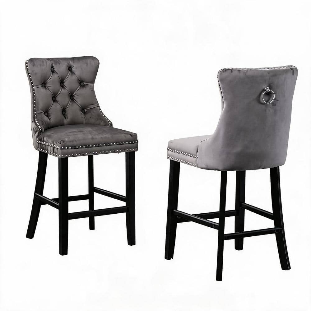 Gray Velvet Button Tufted Barstools with Chrome Nailhead Trim and Solid Wood Legs, Leisure Style Bar Chairs, Set of 2 price history on PriceWatchPro