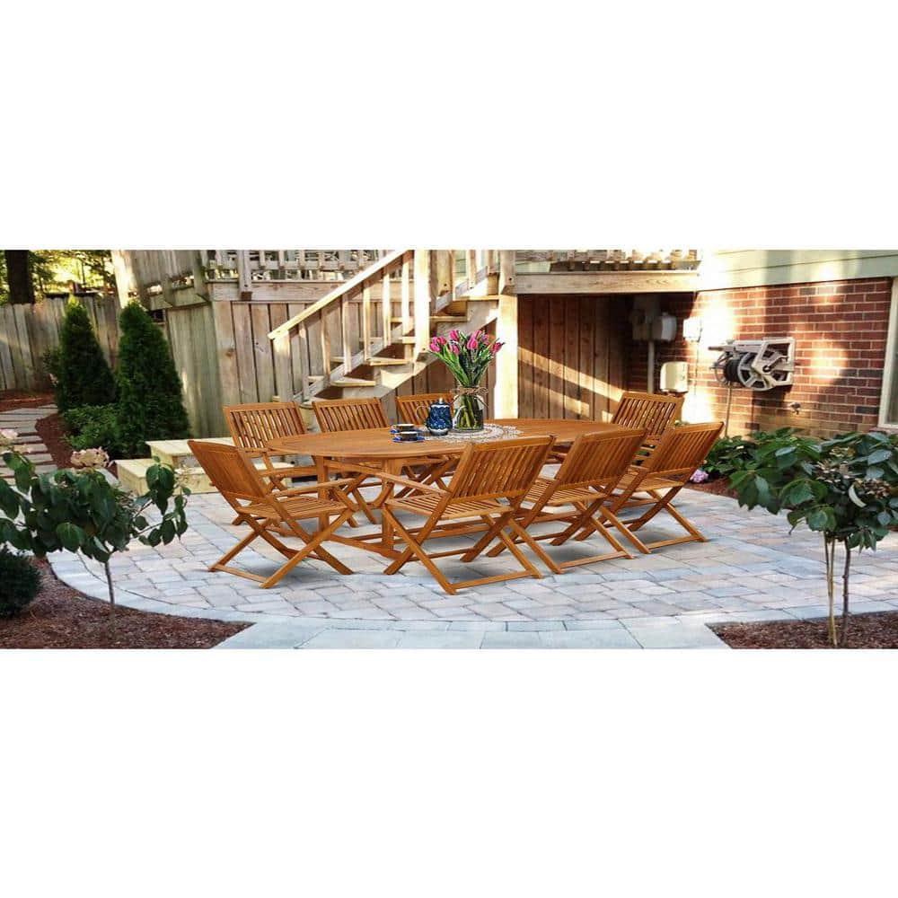 9-Piece Natural Oak Finish Solid Wood Top Dining Table with 8 Chairs with Lattice Back