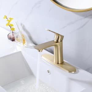 Single-Handle Single Hole Bathroom Faucet in Brushed Gold With Deck Plate