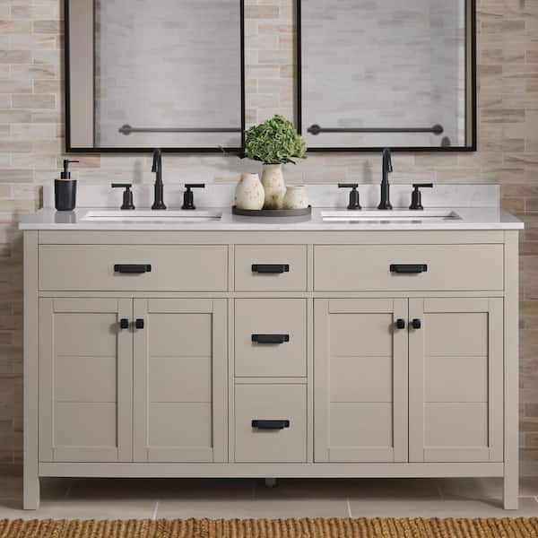 Stanhope 61 in. Double Sink Even Better Beige Bath Vanity with Carrara White Engineered Stone Top (Assembled)