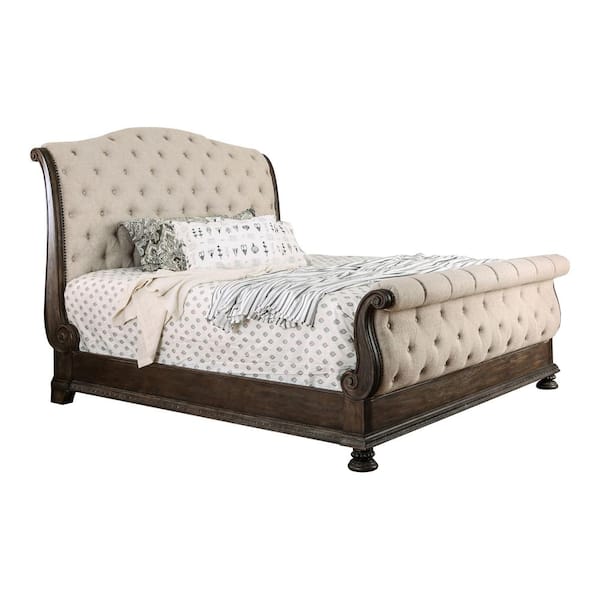 Codere Farmhouse Brown California King Wood Frame Sleigh Bed with Tufted Headboard and Footboard