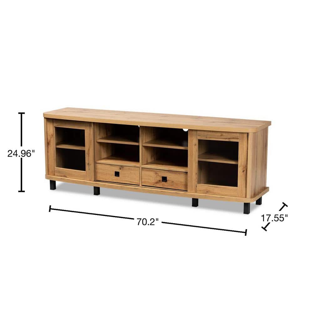 Oak Brown Wood TV Stand with Glass Doors and Drawers