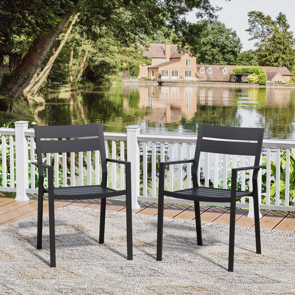 All-Weather Metal Stackable Outdoor Dining Chairs Set of 2, Patio Chairs with Armrests and High Back in Black price history on PriceWatchPro