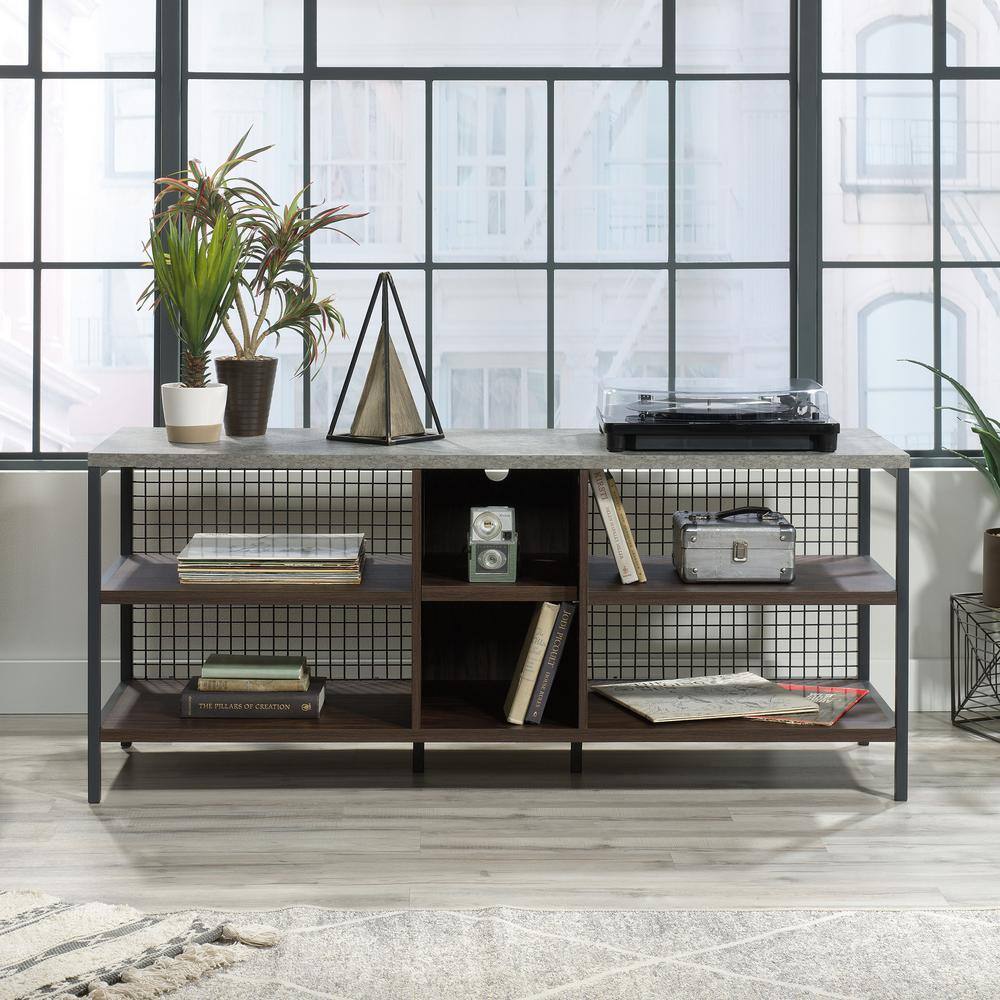 Gray and Walnut Industrial TV Stand with Cabinet for 60" TVs