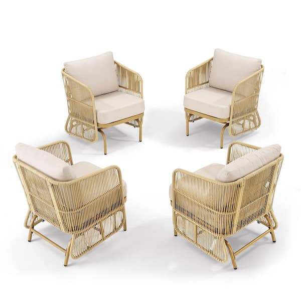 4-Piece Wicker Patio Conversation Set with Beige Cushions, Outdoor Rocking Chairs