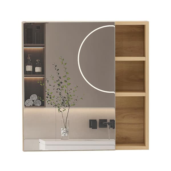 YSQCAR 21.7 in. W x 22 in. H Rectangular Natural Wood Color MDF Surface Mount Medicine Cabinet with Mirror, with 2 Shelves